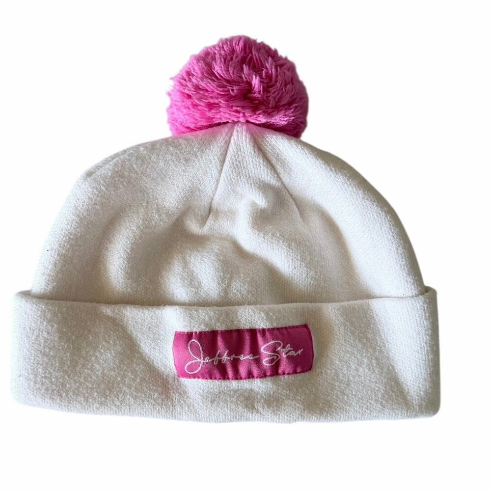 Jeffree star cream and hot pink beanie toboggan pompom fashion icon